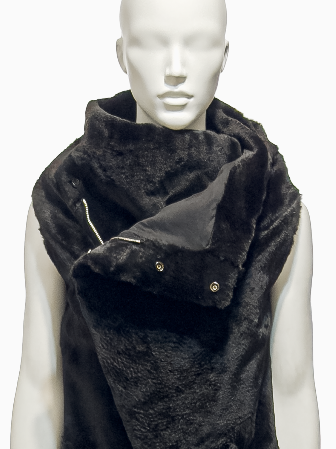 Rick Owens Black Kangaroo Fur Asymmetrical Vest, Grey Leather Gloves with Mink Trimming and Black Lamb Leather Wedges, Fall/Winter 2010 "Gleam"